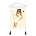 Detail of bohemian moon and girl wall tapestry with wooden rod and black tassels - 35x50cm / Cream Background Bohemian Woman Sitting on Moon Style (Style 5)