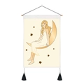 Detail of moon goddess wall tapestry with wooden hanger, golden moon, and black tassels - 35x50cm / Coffee Stars Dreamy Woman Sitting on Moon Style (Style 6)