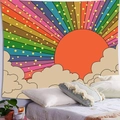 Detail of bohemian tapestry featuring a retro red sun and rainbow beams in a cozy bedroom - Red Sun Clouds Stars (Style 7)