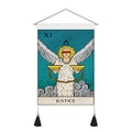 Close-up of Justice Tarot tapestry featuring black tassels and a wooden hanging rod - 35x50cm / Justice