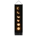 Wandbehang Mondphasen mit Holzstab, schwarzem Stoff und warmen orangefarbenen Mondmotiven - Orange Licht Mondzyklen (Stil 3) / 32.5x130cm