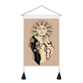 Detail of bohemian wall tapestry with lunar girl art, wood rod and black tassels - Style 11 / 35x50cm