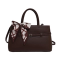 Dark brown lychee pattern leather tote bag with elegant silk scarf and silver buckle detail - Brown