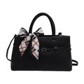 Black litchi pattern leather tote bag with elegant geometric silk scarf handle - Black
