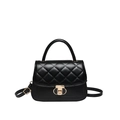 Quilted black leather handbag with gold metal lock and elegant top handle for women - Black