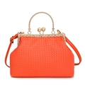Orange woven shell handbag with vintage gold handles and pearl clasp for women - Orange