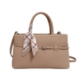 Chic beige tote bag with litchi texture and elegant decorative silk scarf on handle - Khaki