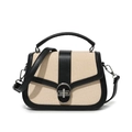 Beige woven canvas tote bag with black leather trim and silver metal twist lock buckle - Black and Beige