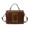 Vintage dark brown square handbag with iconic gold metal buckle and top handle - Brown