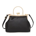 Elegant black woven crossbody bag with gold handle and pearl clasp detail - Black