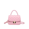 Pink quilted crossbody bag with golden lock and round top handle on white background - Pink