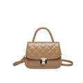 Khaki quilted leather tote bag with round metal lock and adjustable shoulder strap - Khaki