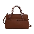 Brown lychee leather tote bag with decorative silk scarf and silver buckle hardware - Brown