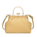 Golden woven texture shell handbag with pearl clasp and metallic ring handle - Gold