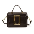 Dark brown leather vintage handbag with large gold buckle and adjustable strap - Brown