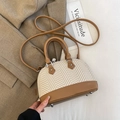 Chic beige herringbone shell bag with brown leather trim and silver heart zipper - Beige (No Charm)