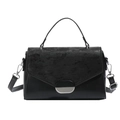 Sac à main classique en cuir noir et velours avec boucle argentée et bandoulière réglable - Noir