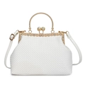 White woven crossbody evening bag with gold rhinestone kiss-lock frame and top handle - White