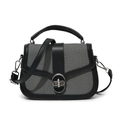 Chic grey fabric and black leather patchwork crossbody bag with silver buckle - Black