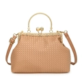 Fashionable brown woven crossbody evening bag with pearl clasp and metal handle - Khaki