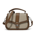 Retro patchwork handbag in brown faux leather and beige canvas with silver clasp - Khaki