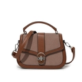Brown leather and fabric patchwork handbag with silver rotating metal buckle and top handle - Brown