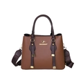 Brown textured leather tote bag with gold kangaroo logo and wide shoulder strap - Brown