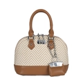 Beige woven shell handbag with brown leather trim and silver metal hardware details - Off White