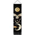 Detailed shot of mystic owl and moon wall tapestry with bottom fringe and wooden rod - Sun Owl Moon Style (Style 1) / 32.5x130cm