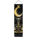 Detail of moon phases wall tapestry with gold print, crown, stars, and black tassels - Crown Moon Vine Style (Style 2) / 32.5x130cm