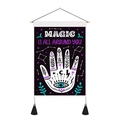 Detail of occult witch palm tapestry with magic slogan, wooden rod, and black tassels - 35x50cm / Hamsa Hand Mystic Symbol (Style 1)