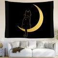 Bohemian black wall tapestry featuring golden celestial cat on crescent moon for home decor - Golden Moon Star Cat (Style 5)