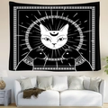 Bohemian black and white cat head tapestry with mystical moon and geometric patterns - 95x73cm (Peach Skin) / Mystic Cat Head Geometric (Style 4)