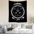 Detailed view of bohemian black tapestry with cat head, pentagram, and moon phases - Moon Phase Occult Cat (Style 6)