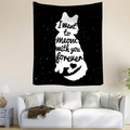 Detail of bohemian black and white cat tapestry with meow quote for wall decoration - Heart Cat Silhouette (Style 7)