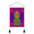 Detail of tarot tapestry showing feminine art and wooden hanging rod with black tassels - Psychedelic Love Art (Style 2) / 35x50cm