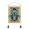 Wandkleed met digitale print dierentotem, houten frame en zwarte kwastjes voor interieur - 35x50cm / Groenblauwe Wolfskop Totem (Stijl 3)
