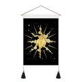 Détail de tapisserie bohème avec déesse dorée, tringle en bois et pompons noirs - Mère et Enfant (Style 7) / 35x50cm