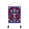 Gothic wandkleed met schedel en rode rozen, houten stok en zwarte kwastjes - 35x50cm / Paarse Basis Schedel Vleugels (Stijl 2)