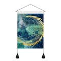 Tapiz de luna azul tie-dye con media luna dorada, vara de madera y borlas negras - 35x50cm / Estilo Luna Creciente Estética Con Cara