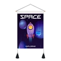 Detail of space tapestry with rocket graphics, wooden hanging rod, and black tassels - 35x50cm / Rocket Launch Style (款式1)