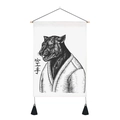 Minimalist black panther sketch wall tapestry with karate kanji and black tassels - 35x50cm / Style 2 (Black Panther Karate)