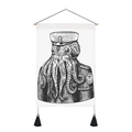 Detail of nautical octopus tapestry with navy uniform, wooden rod, and black tassels - 35x50cm / Style 3 (Octopus Captain)