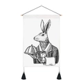 Detail of minimalist rabbit waiter sketch tapestry with wooden hanging rod and black tassels - 35x50cm / Style 5 (Rabbit Waiter)