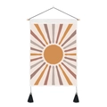 Bohemian sun tapestry with orange sunbeams, wooden rod and black tassels on white background - 35x50cm / Bohemian Sun Radiance (Style 3)