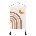 Detail of boho sun and moon wall tapestry with wooden rod and black tassels - 35x50cm / Abstract Rainbow & Moon (Style 1)