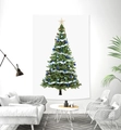 Detail of Christmas tree wall tapestry hanging above a modern living room sofa - Blue Ball and Pine Cone Tree (Style 12)