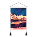 Detail of modern abstract landscape tapestry with mountain peaks and black tassels - 35cm x 50cm / Geometric Lake