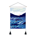 Close-up of modern abstract mountain tapestry with blue ocean waves and gold accents - 35cm x 50cm / Abstract Sea and Mountain