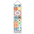 Vertical boho wall tapestry with indigo and ginger Moroccan tile patterns on canvas - 32.5x130cm / Style 4
